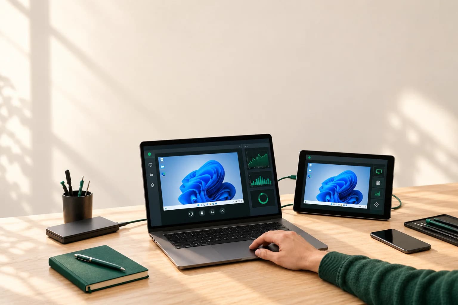Un portatile e un tablet mostrano una sessione di assistenza remota su una postazione tecnica